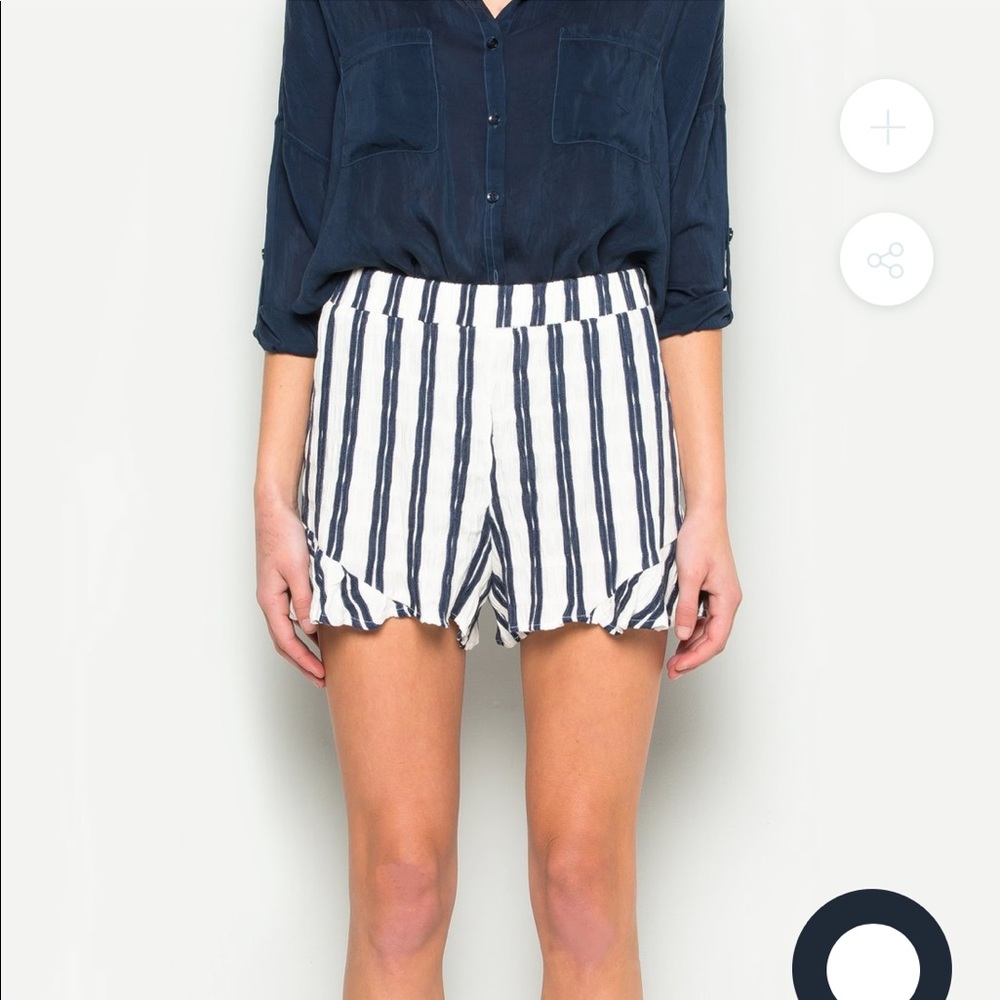 Maven West | Ruffles hem Pull-on High Rise Shorts stripe. Made in USA.